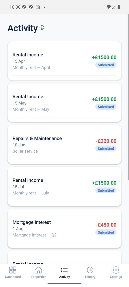 Tofflo — Activity tab with transactions